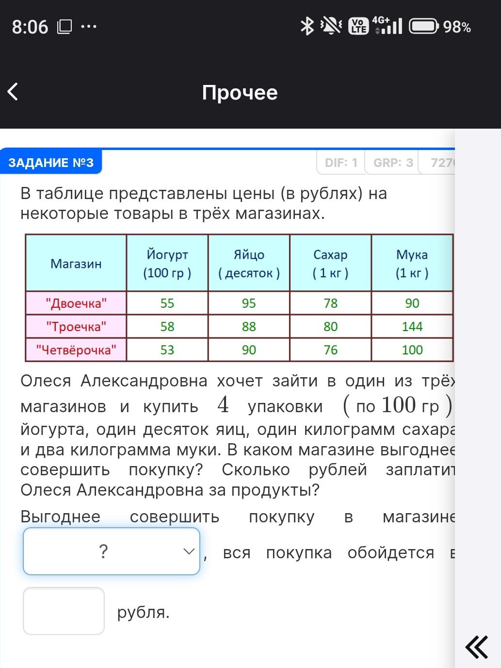 Фото задания: В таблице представлены цены (в рублях) на некоторые товары в трёх магазинах. Олеся Александровна хочет зайти в один из трёх…