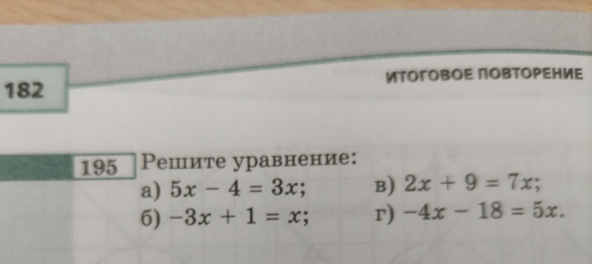 Фото задания: 195 Решите уравнение: a) 5x - 4 = 3x; б) -3x + 1 = x; в) 2x + 9 = 7x; г) -4х - 18 = 5x.