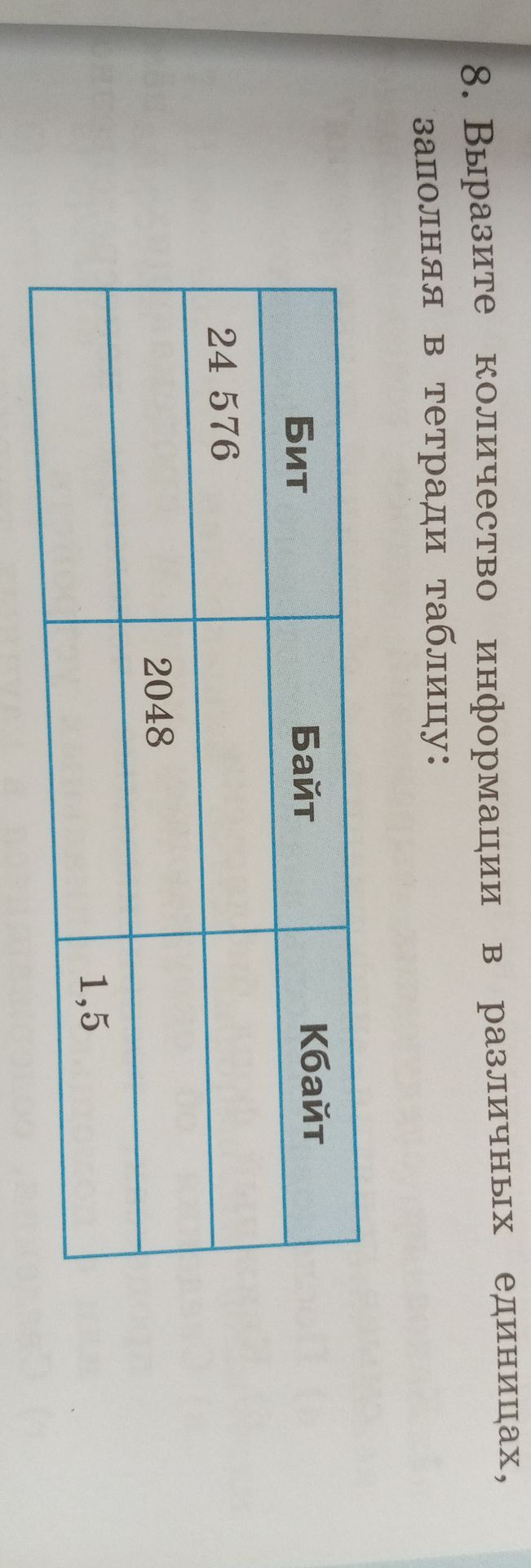 Фото задания: 8. Выразите количество информации в различных единицах, заполняя в тетради таблицу: