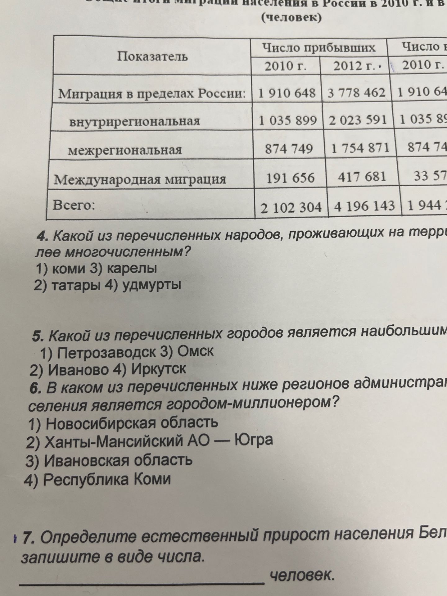 Фото задания: 4. Какой из перечисленных народов, проживающих на территории России, является наиболее многочисленным? 1) коми 3) карелы 2)…