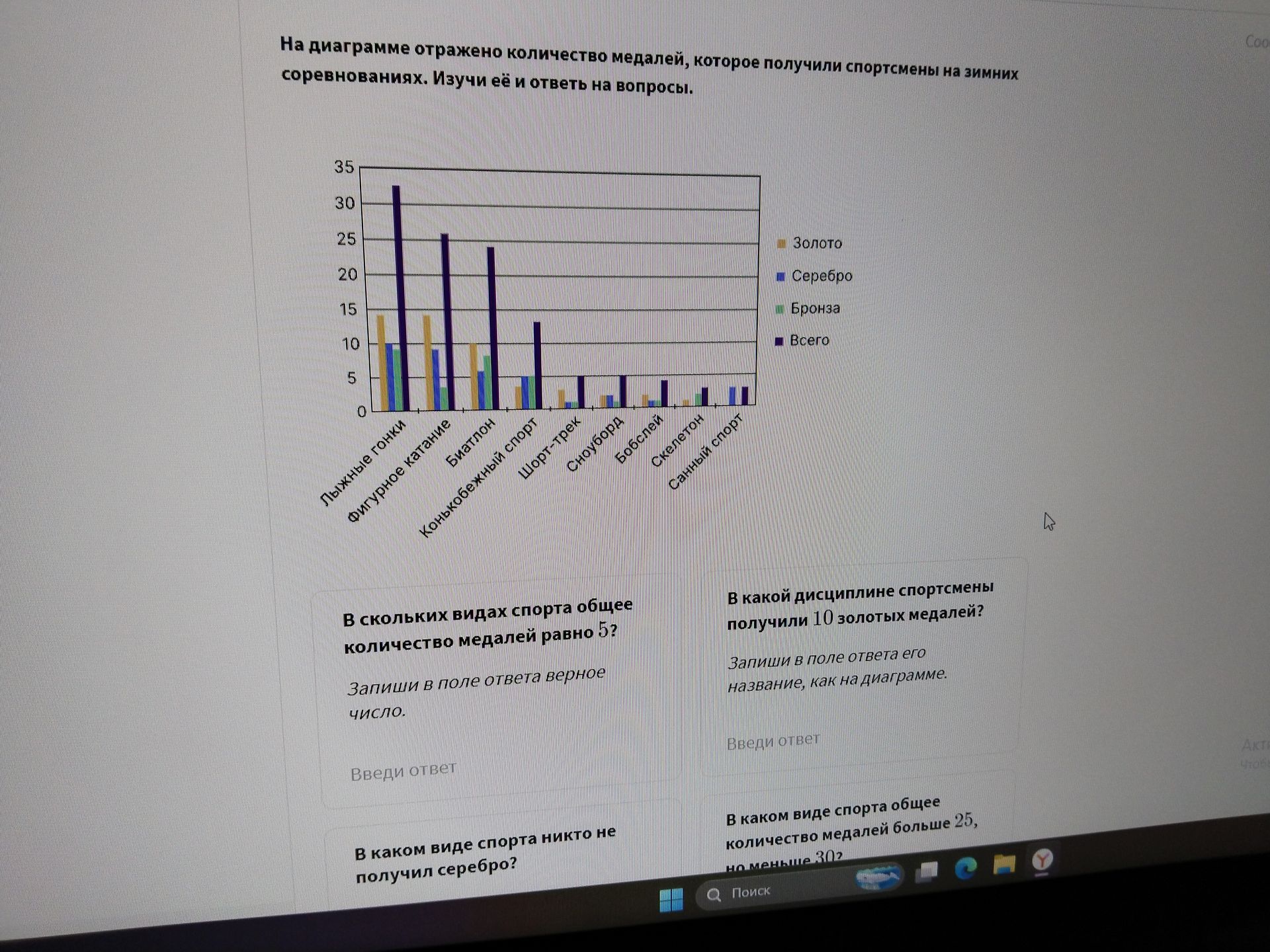 Фото задания: В какой дисциплине спортсмены получили 10 золотых медалей?