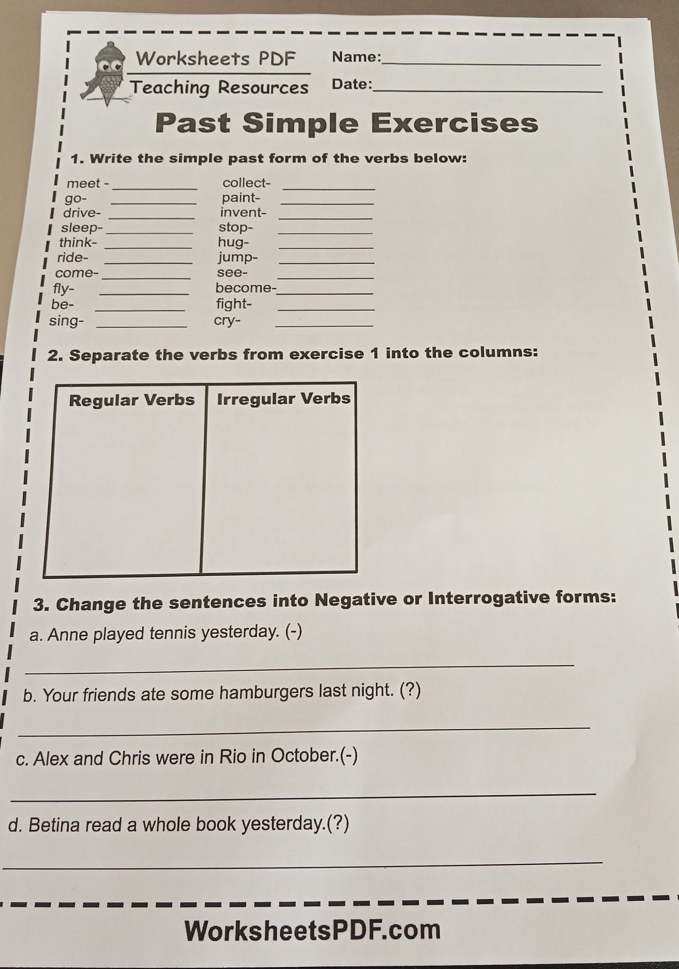Фото задания: 3. Change the sentences into Negative or Interrogative forms: a. Anne played tennis yesterday. (-) b. Your friends ate some…