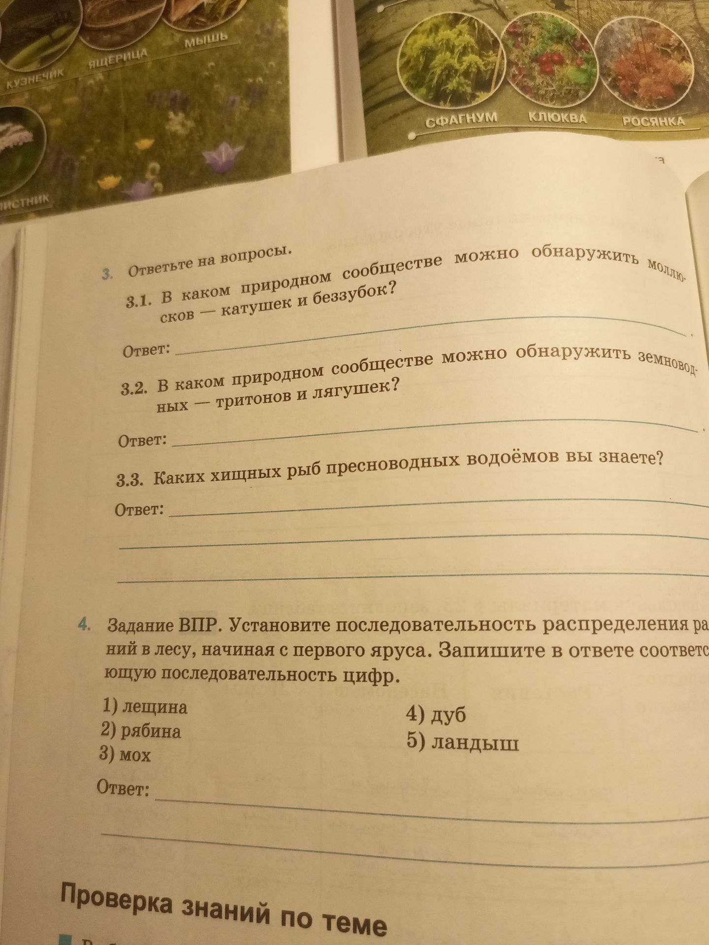 Фото задания: 3. Ответьте на вопросы. 3.1. В каком природном сообществе можно обнаружить моллюсков — катушек и беззубок? Ответ: 3.2. В…
