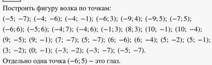 Фото задания: Построить фигуру волка по точкам: (-5; -7); (-4; -6); (-4; −1); (−6; 3); (-9; 4); (−9;5); (-7;5); (-6; 6); (-5; 6); (-4;…