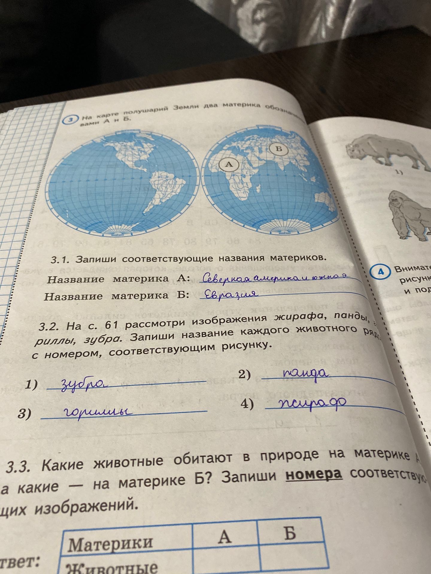 Фото задания: 3.2. На с. 61 рассмотри изображения жирафа, панды, гориллы, зубра. Запиши название каждого животного рядом с номером,…