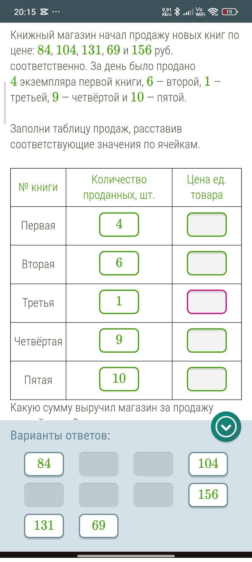 Фото задания: Книжный магазин начал продажу новых книг по цене: 84, 104, 131, 69 и 156 руб. соответственно. За день было продано 4…