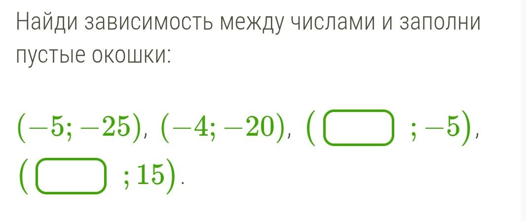 Фото задания: Найди зависимость между числами и заполни пустые окошки: (-5; -25), (-4; -20), ( ; -5), ( ; 15).