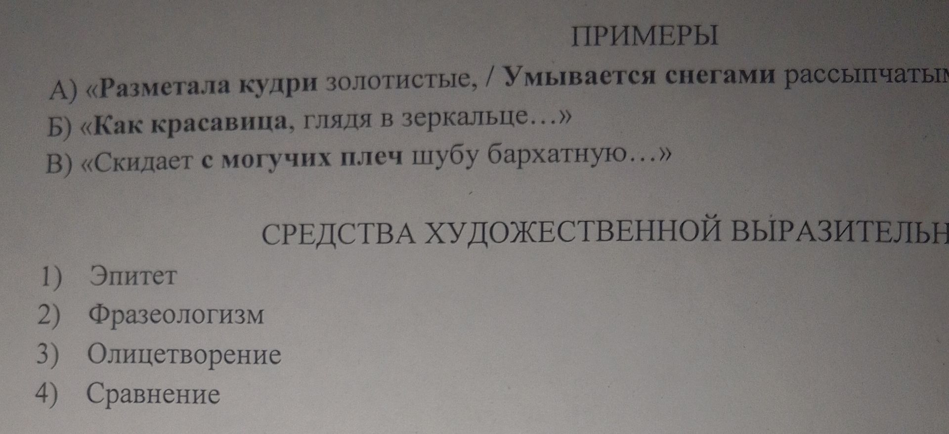 Фото задания: Определите, к какому средству художественной выразительности относится каждое предложение. ПРИМЕРЫ А) «Разметала кудри…