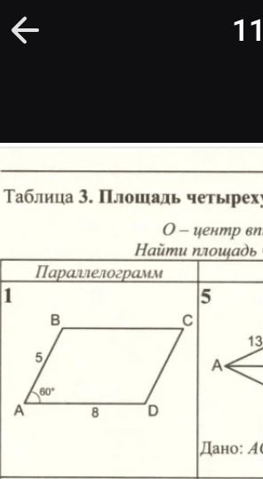 Фото задания: Таблица 3. Площадь четырёхугольников. О — центр вписанной окружности. Найти площадь параллелограмма.