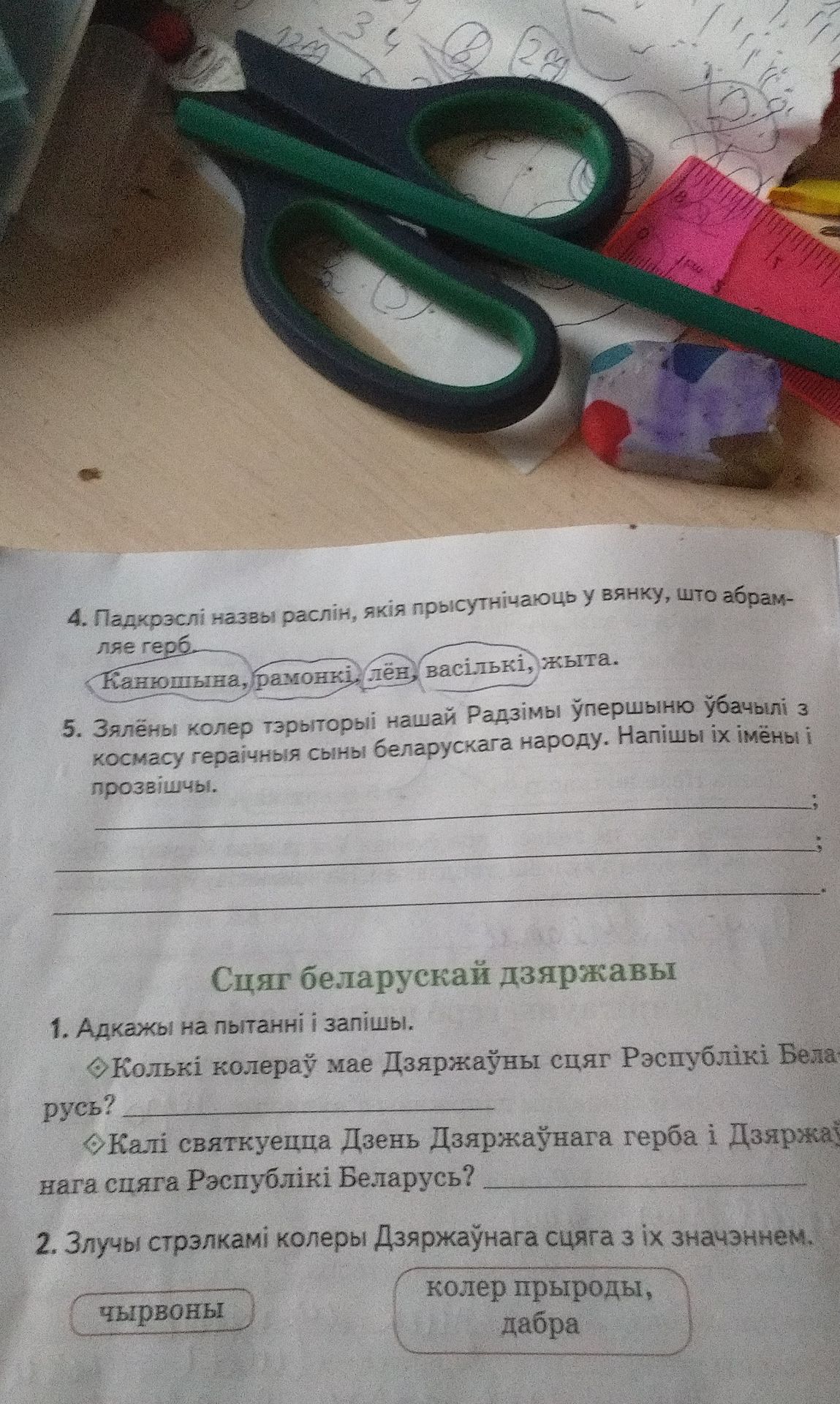 Фото задания: 1. Адкажы на пытанні і запішы. Колькі колераў мае Дзяржаўны сцяг Рэспублікі Беларусь?