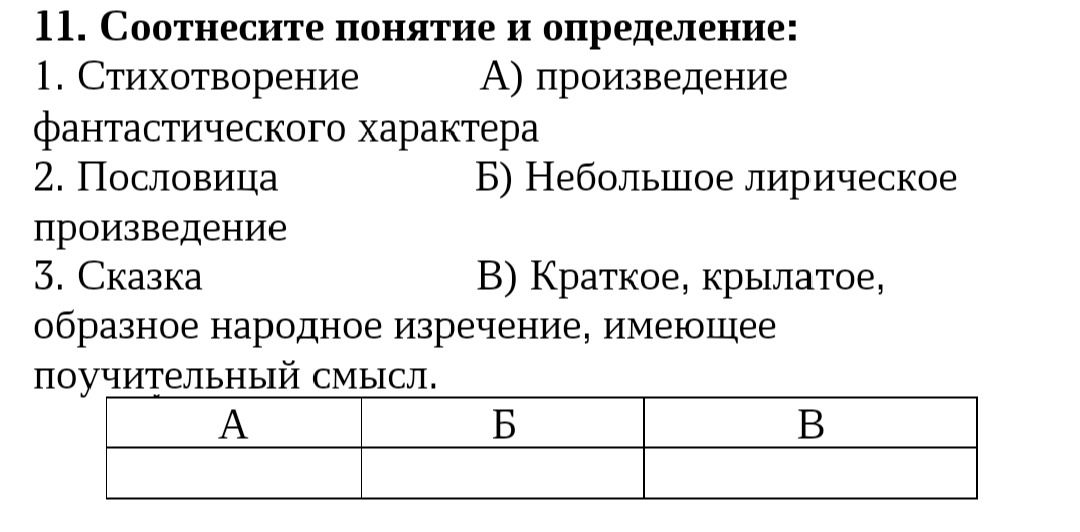 Фото задания: 11. Соотнесите понятие и определение: 1. Стихотворение 2. Пословица 3. Сказка А) произведение фантастического характера Б)…
