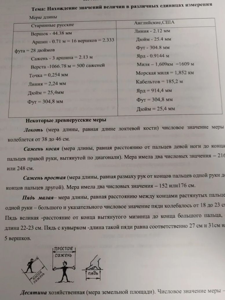Фото задания: Некоторые древнерусские меры: Локоть, Сажень косая, Сажень простая, Пядь малая, Пядь великая.