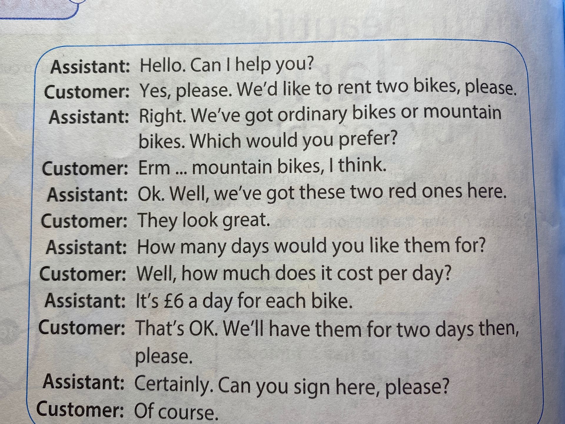 Фото задания: The user provided text that appears to be a dialogue between a customer and an assistant at a bike rental shop. The task is…