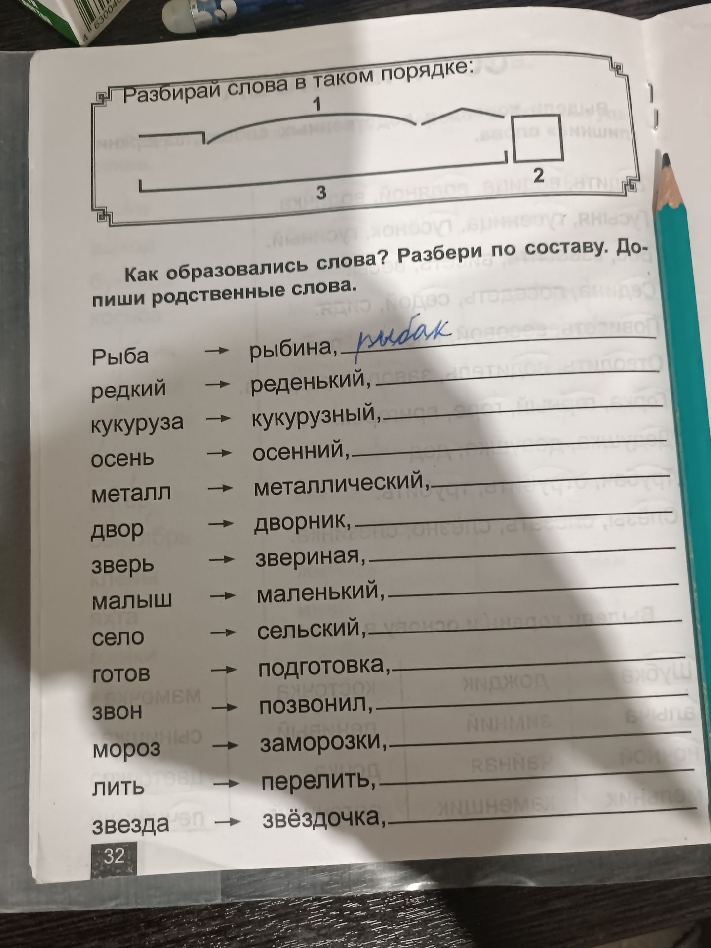 Фото задания: Разбирай слова в таком порядке: 1 3 2 Как образовались слова? Разбери по составу. Допиши родственные слова.