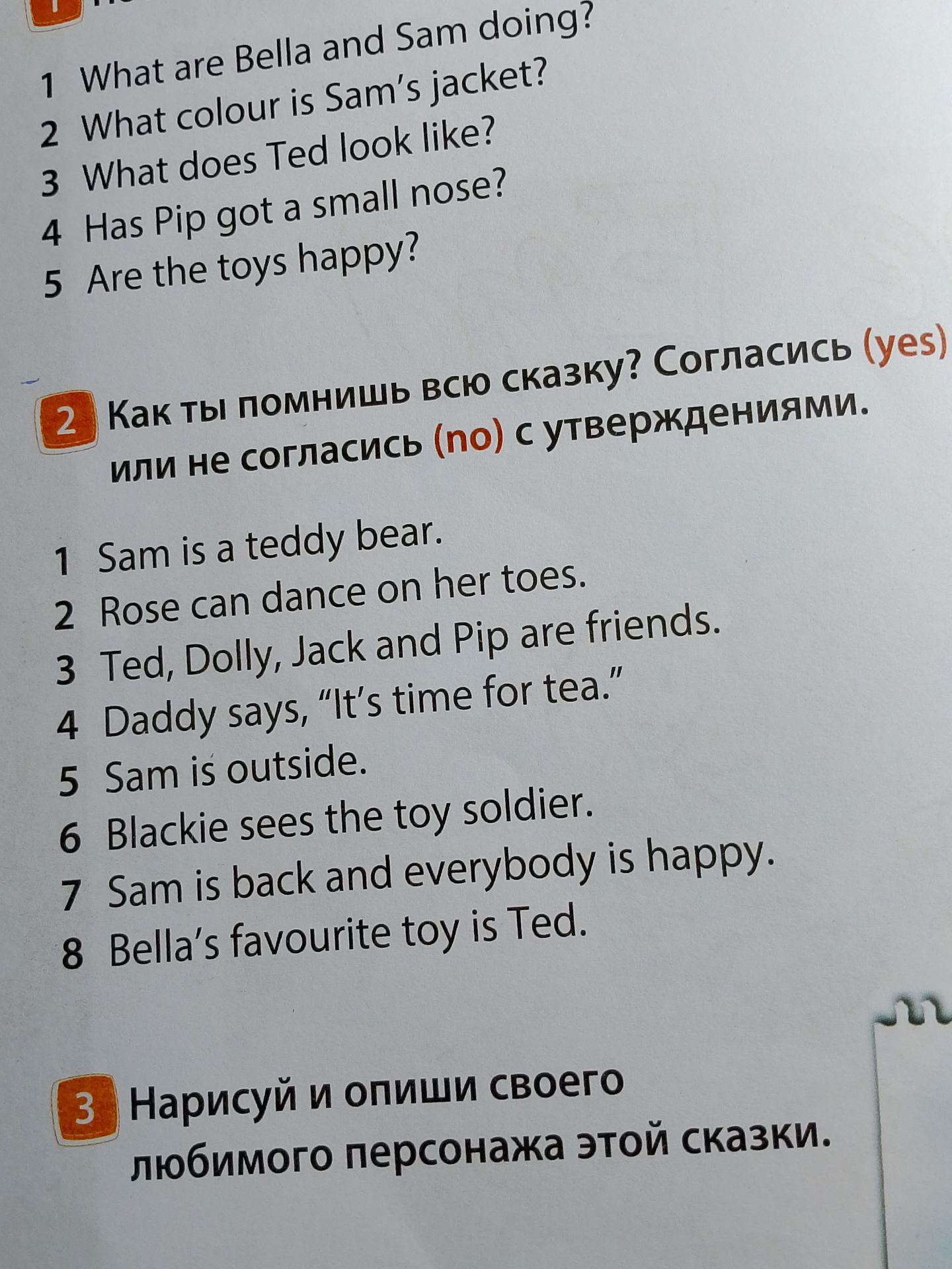 Фото задания: 1 What are Bella and Sam doing? 2 What colour is Sam's jacket? 3 What does Ted look like? 4 Has Pip got a small nose? 5 Are…