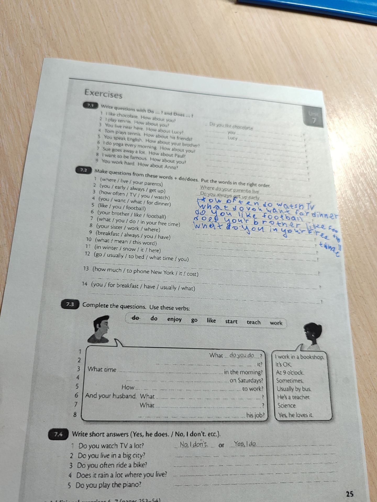 Фото задания: 7.3 Complete the questions. Use these verbs: do, do, enjoy, go, like, start, teach, work