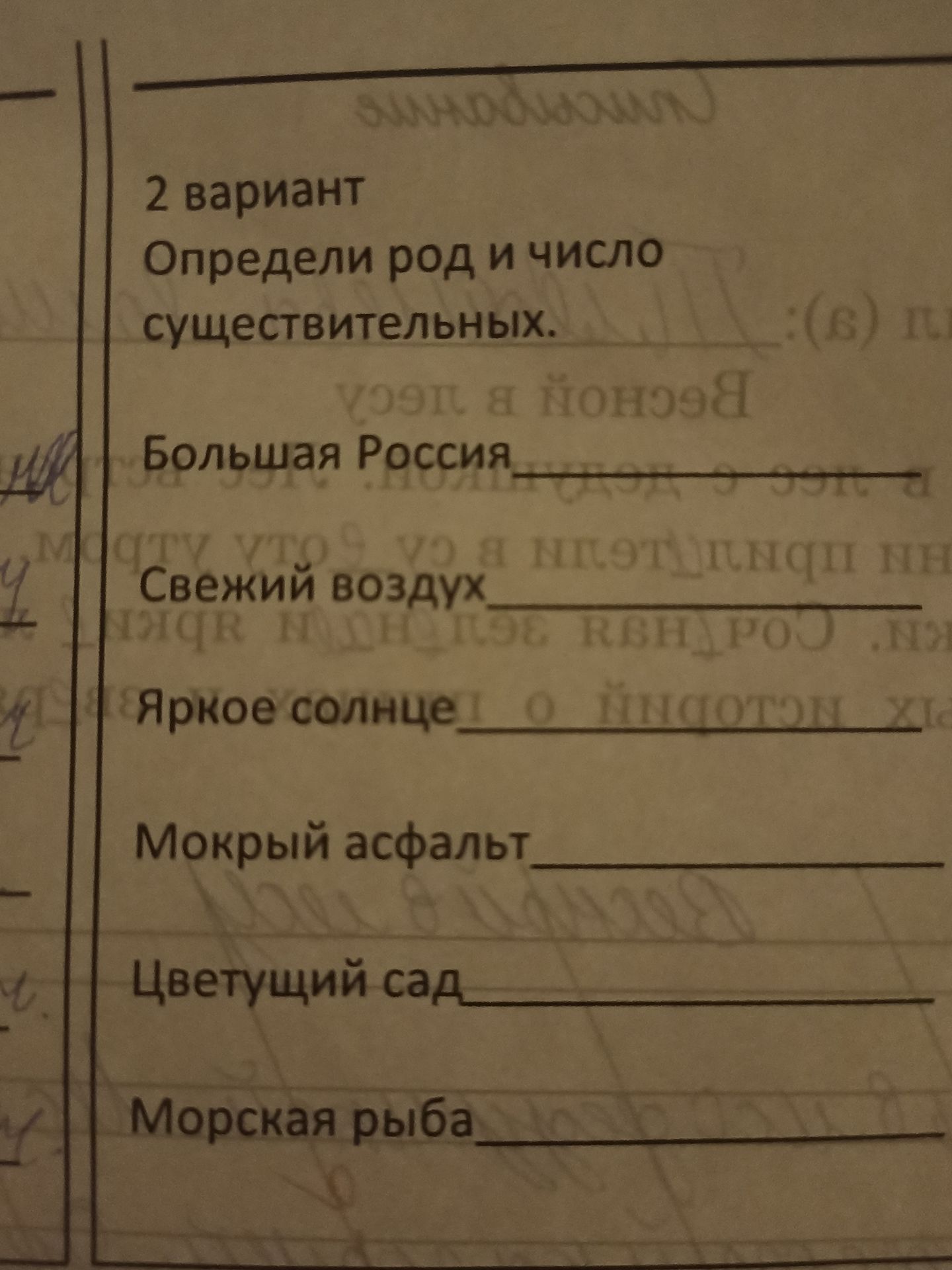 Фото задания: 2 вариант Определи род и число существительных.