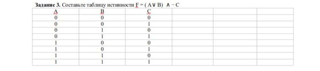 Фото задания: Задание 3. Составьте таблицу истинности F=(AVB) A-C