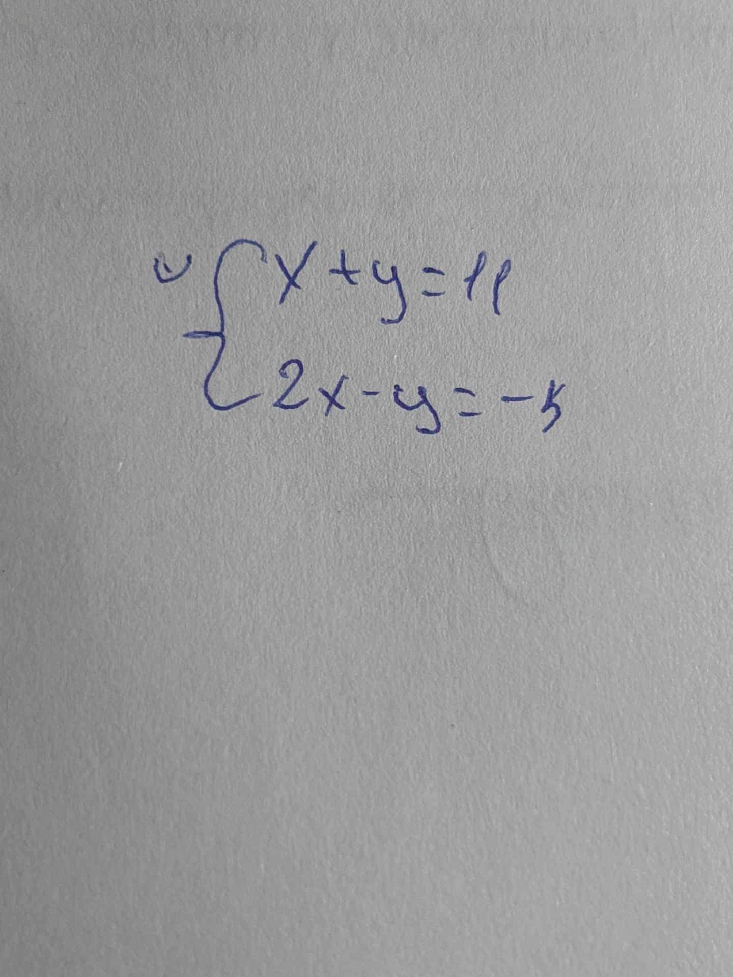 Фото задания: Solve the system of equations: \(\begin{cases} x + y = 11 \\ 2x - y = -5 \end{cases}\)