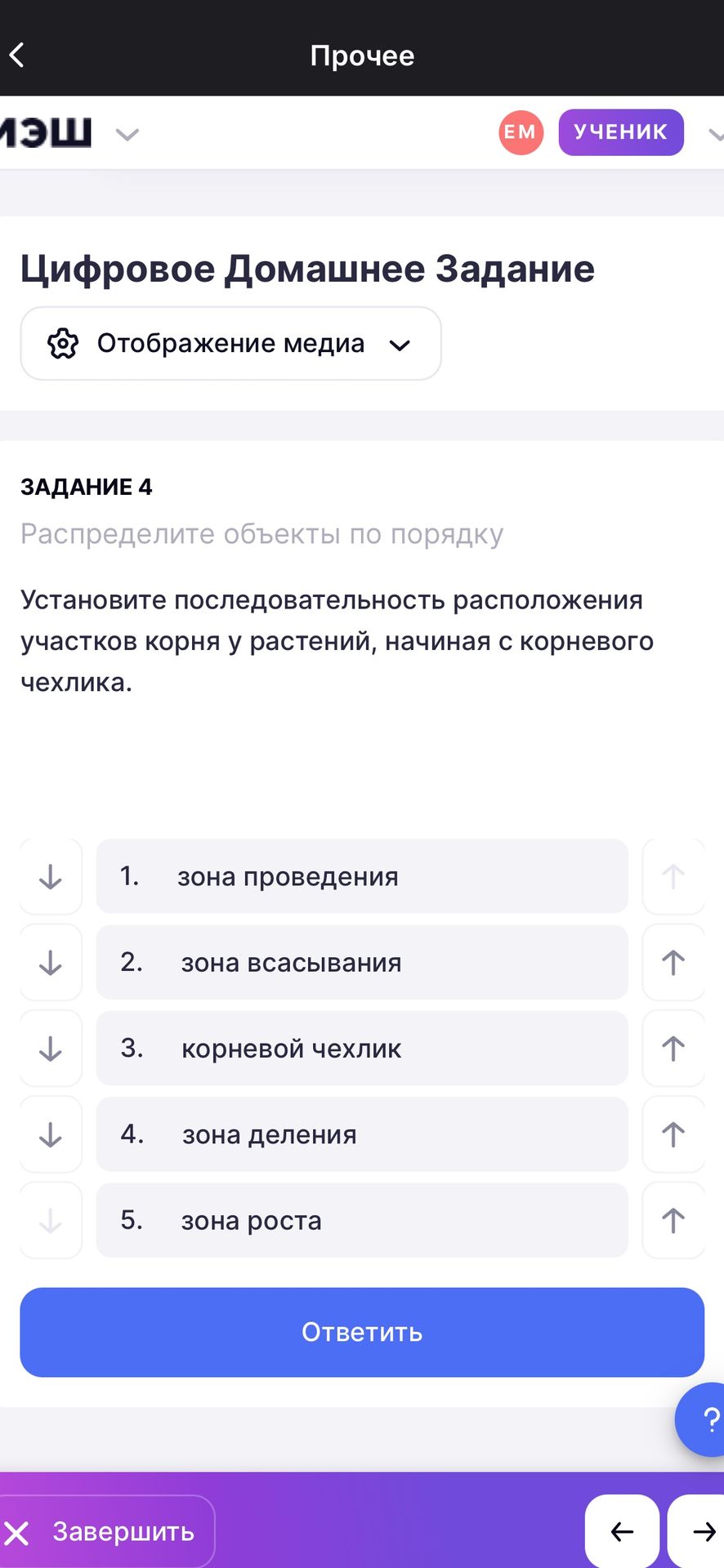 Фото задания: Установите последовательность расположения участков корня у растений, начиная с корневого чехлика.