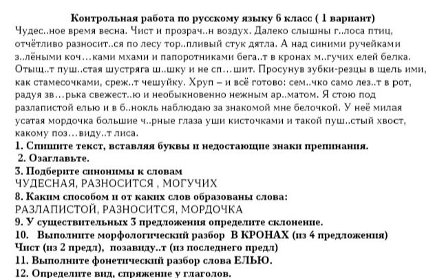 Фото задания: Контрольная работа по русскому языку 6 класс (1 вариант) Чудес..ное время весна. Чист и прозрач..н воздух. Далеко слышны…