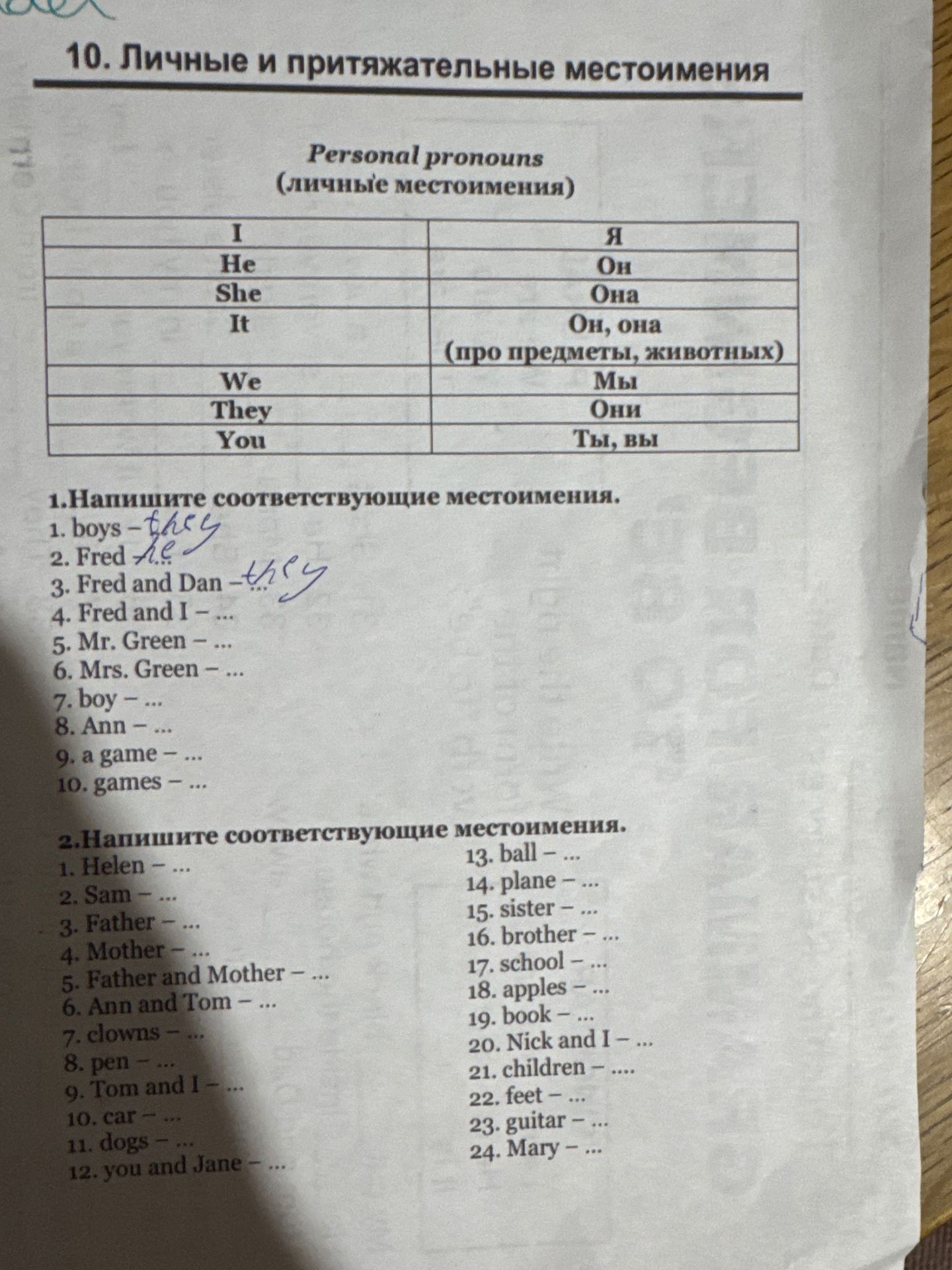 Фото задания: 1. Напишите соответствующие местоимения. 1. boys 2. Fred 3. Fred and Dan 4. Fred and I 5. Mr. Green 6. Mrs. Green 7. boy 8.…