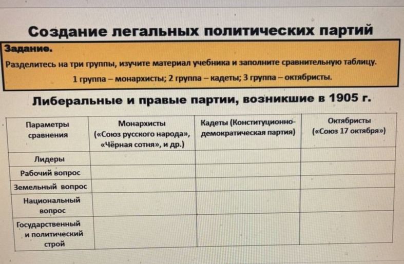 Фото задания: Разделитесь на три группы, изучите материал учебника и заполните сравнительную таблицу. 1 группа – монархисты; 2 группа –…