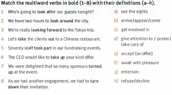 Фото задания: Match the multiword verbs in bold (1-8) with their definitions (a-h).
