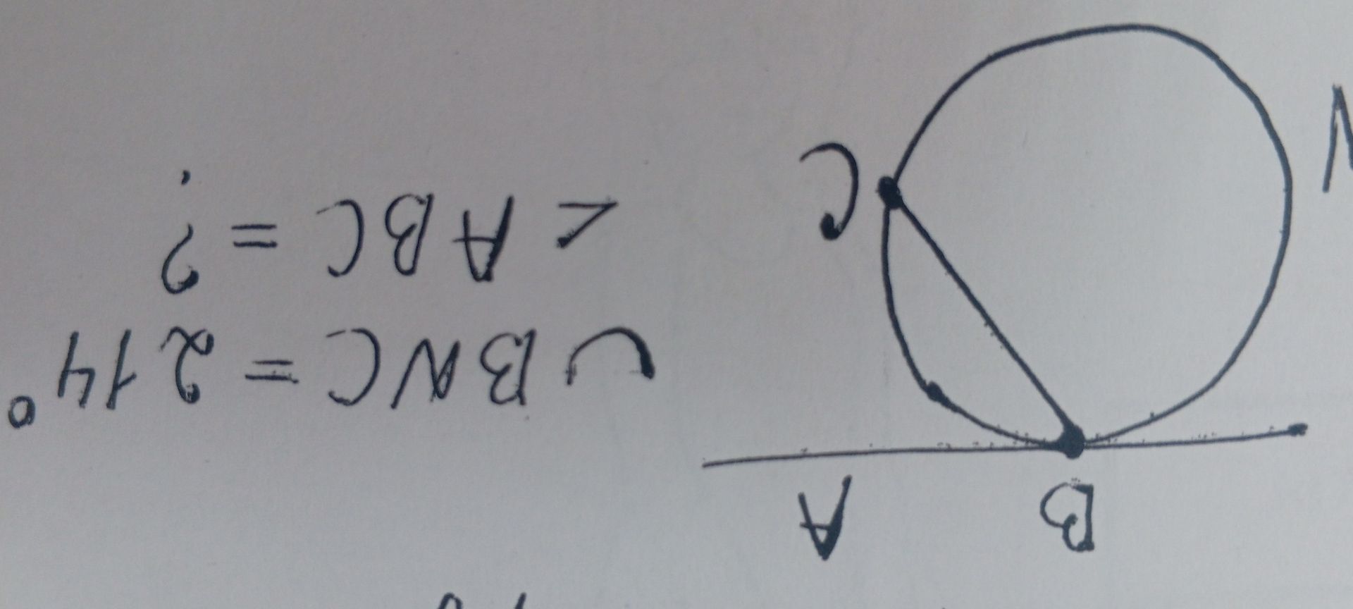 Фото задания: Given a circle with points A, B, C on it, and a line tangent to the circle at point B. The angle ∠BNC = 214 degrees. Find the…
