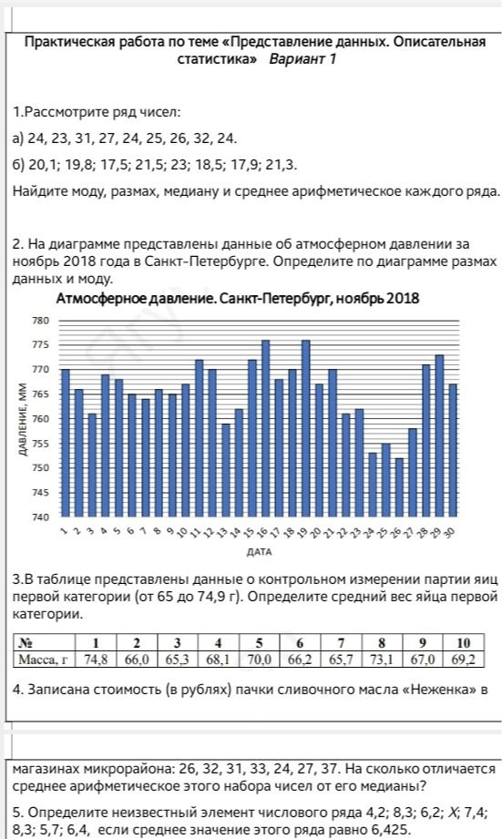 Фото задания: 1. Рассмотрите ряд чисел: a) 24, 23, 31, 27, 24, 25, 26, 32, 24. б) 20,1; 19,8; 17,5; 21,5; 23; 18,5; 17,9; 21,3. Найдите…