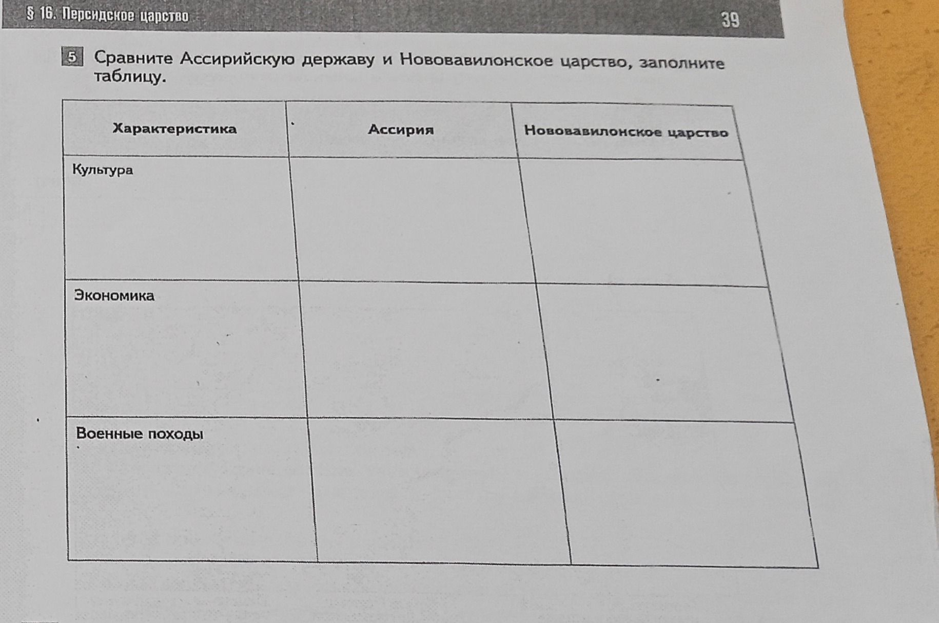 Фото задания: 5. Сравните Ассирийскую державу и Нововавилонское царство, заполните таблицу.