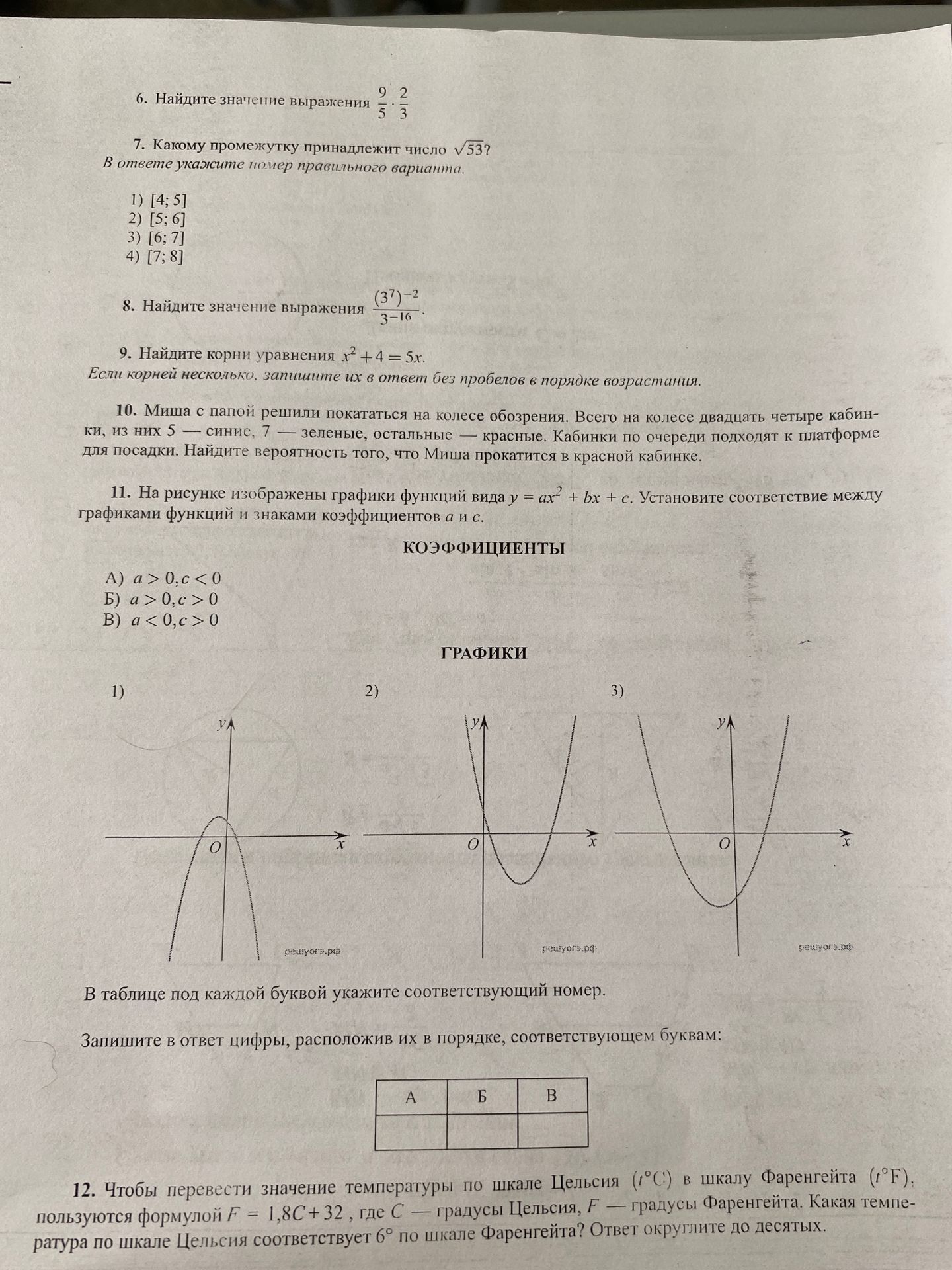 Фото задания: 11. На рисунке изображены графики функций вида y = ax² + bx + c. Установите соответствие между графиками функций и знаками…