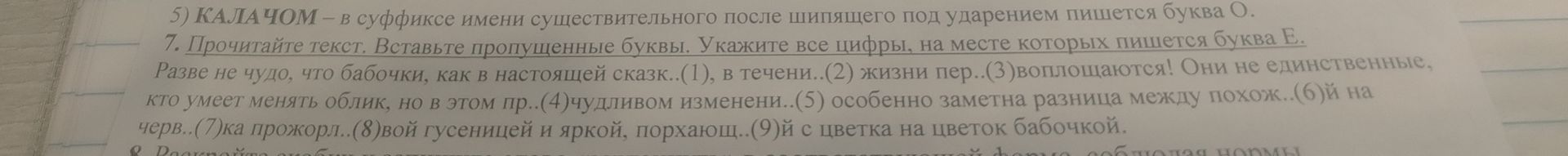 Фото задания: 5) КАЛАЧОМ – в суффиксе имени существительного после шипящего под ударением пишется буква О. 7. Прочитайте текст. Вставьте…