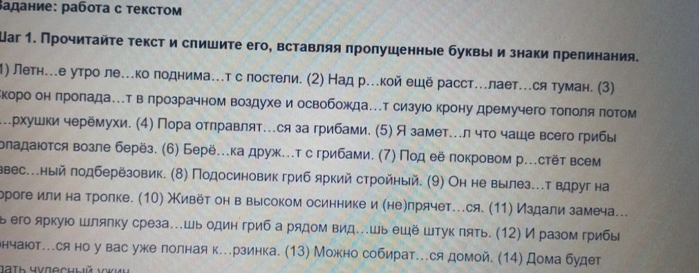 Фото задания: Бадание: работа с текстом Шаг 1. Прочитайте текст и спишите его, вставляя пропущенные буквы и знаки препинания.