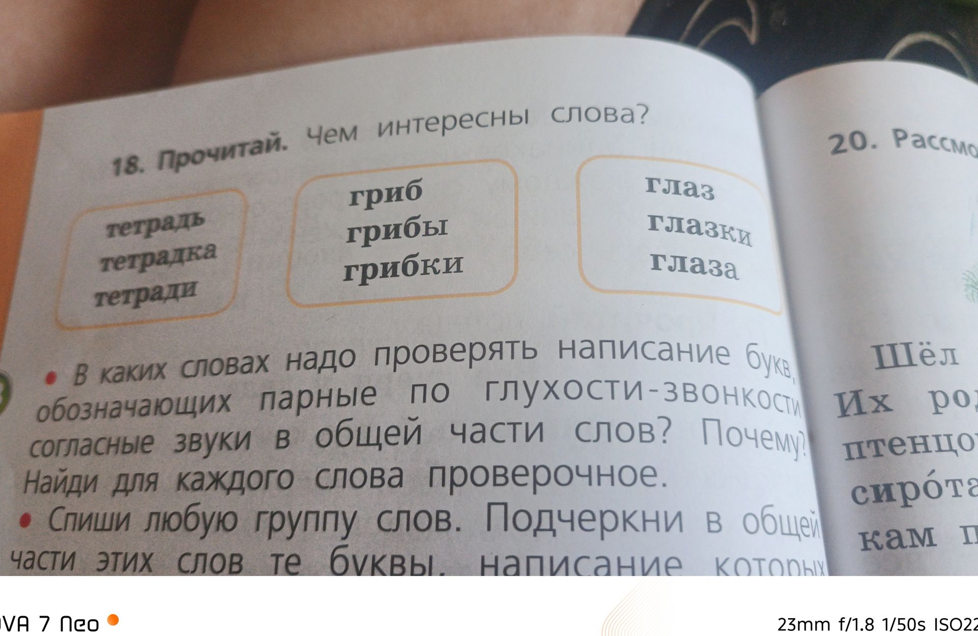 Фото задания: 18. Прочитай. Чем интересны слова? тетрадь, тетрадка, тетради. гриб, грибы, грибки. глаз, глазки, глаза.