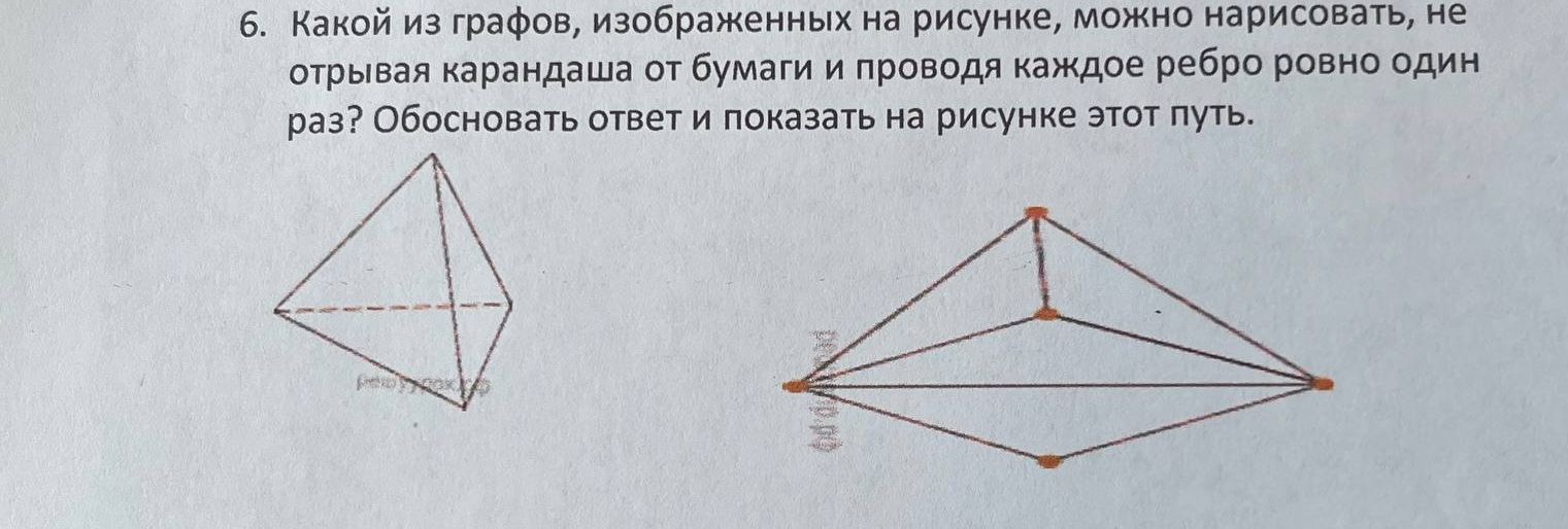Фото задания: 6. Какой из графов, изображенных на рисунке, можно нарисовать, не отрывая карандаша от бумаги и проводя каждое ребро ровно…