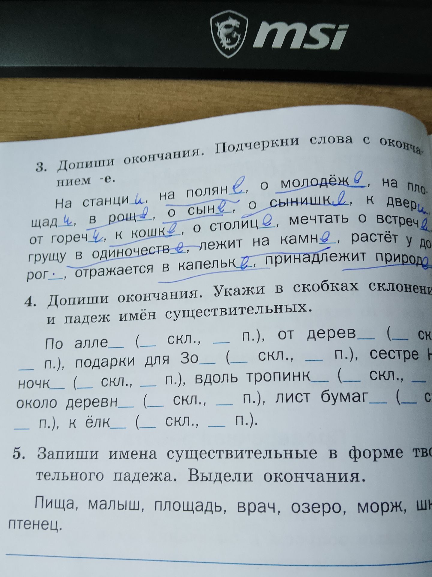 Фото задания: 5. Запиши имена существительные в форме творительного падежа. Выдели окончания. Пища, малыш, площадь, врач, озеро, морж,…