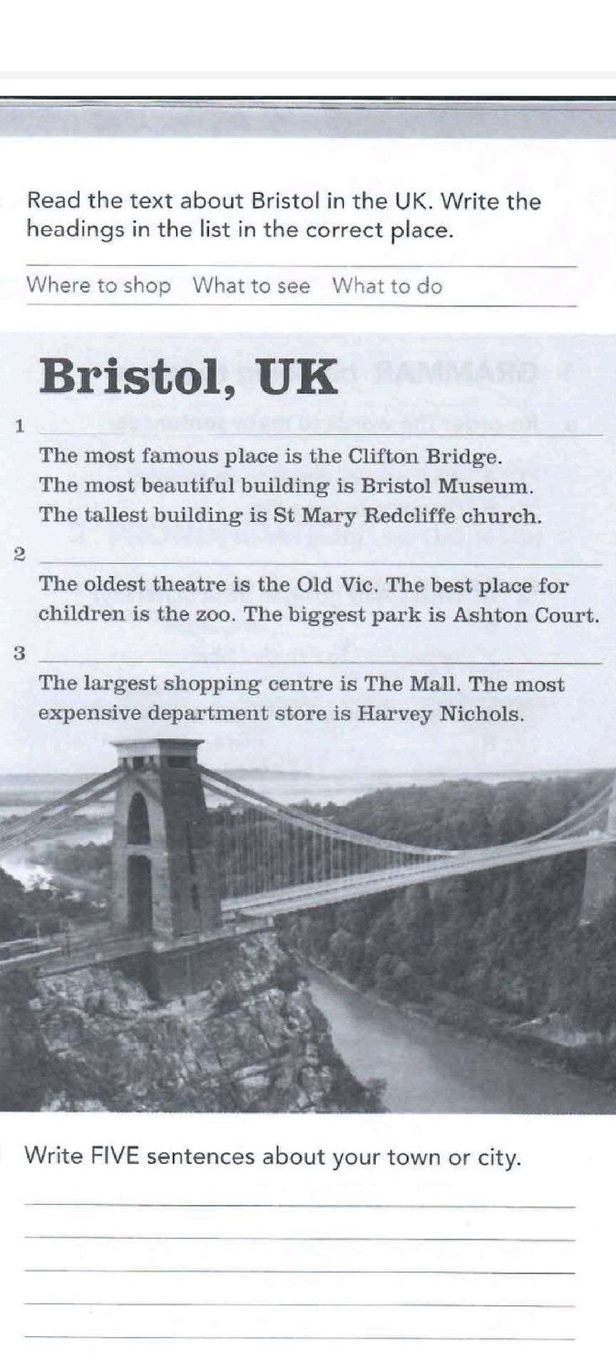 Фото задания: Read the text about Bristol in the UK. Write the headings in the list in the correct place. Where to shop What to see What to…