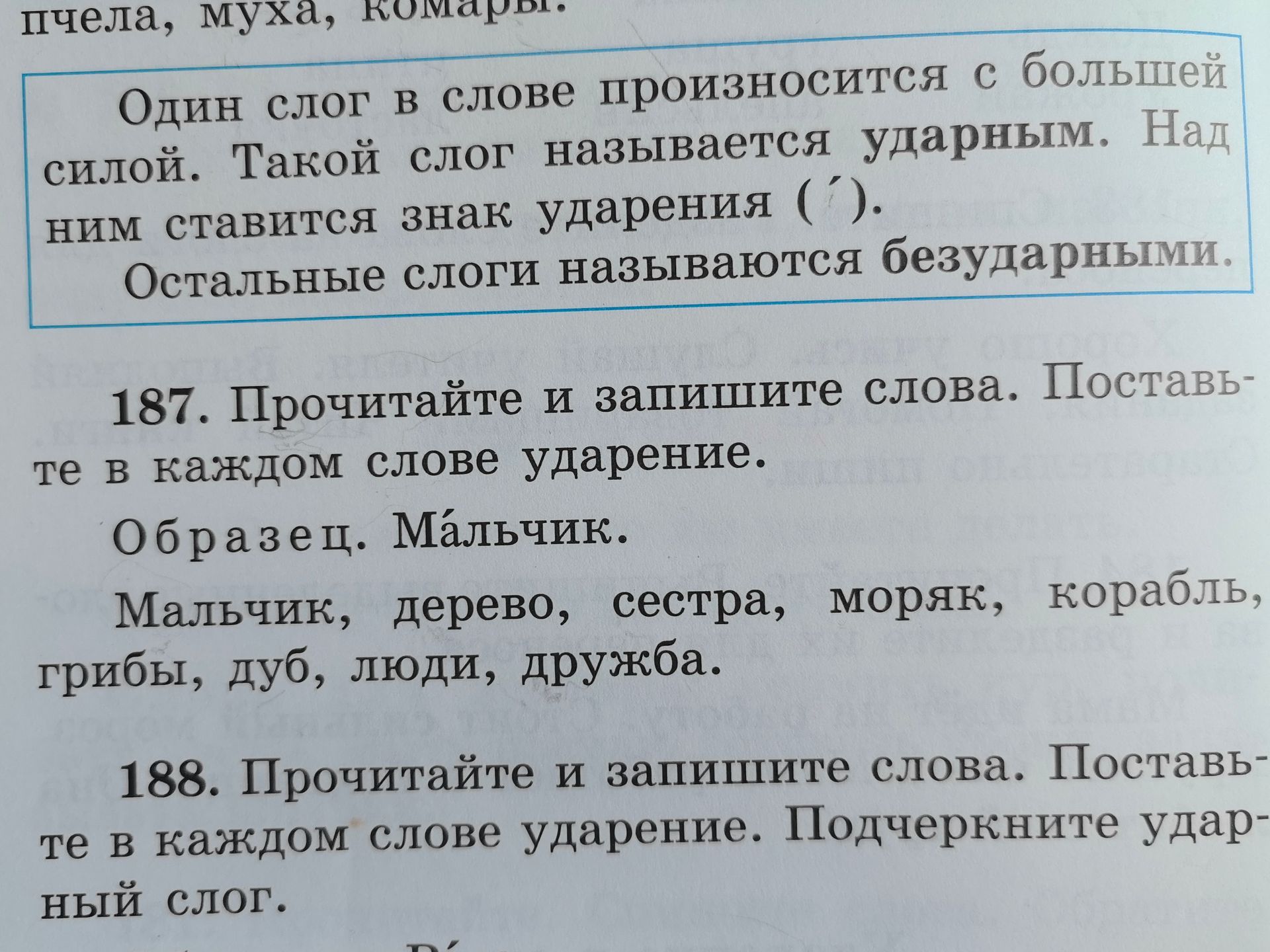 Фото задания: 187. Прочитайте и запишите слова. Поставьте в каждом слове ударение. Образец. Мальчик. Мальчик, дерево, сестра, моряк,…