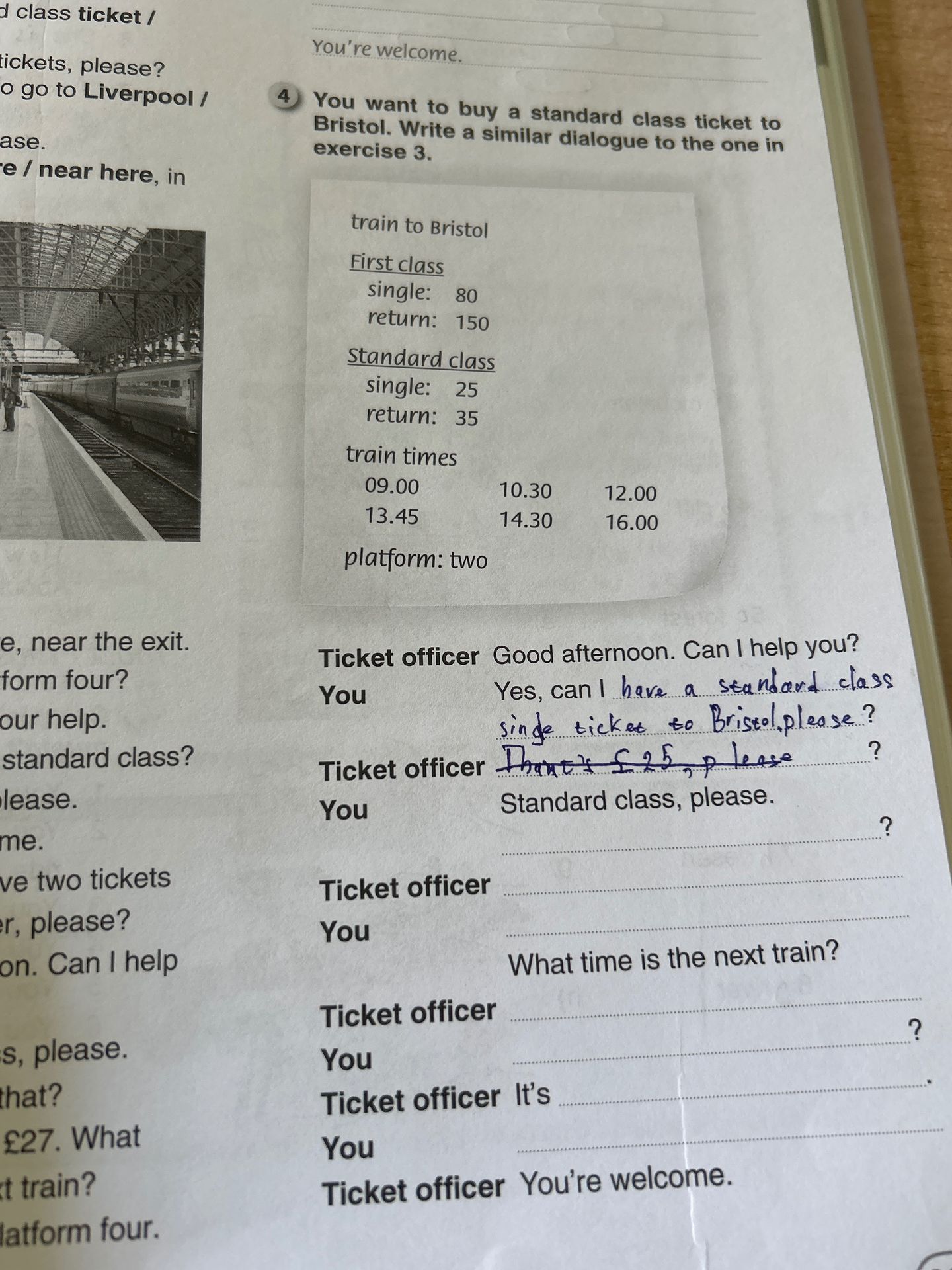 Фото задания: You want to buy a standard class ticket to Bristol. Write a similar dialogue to the one in exercise 3.