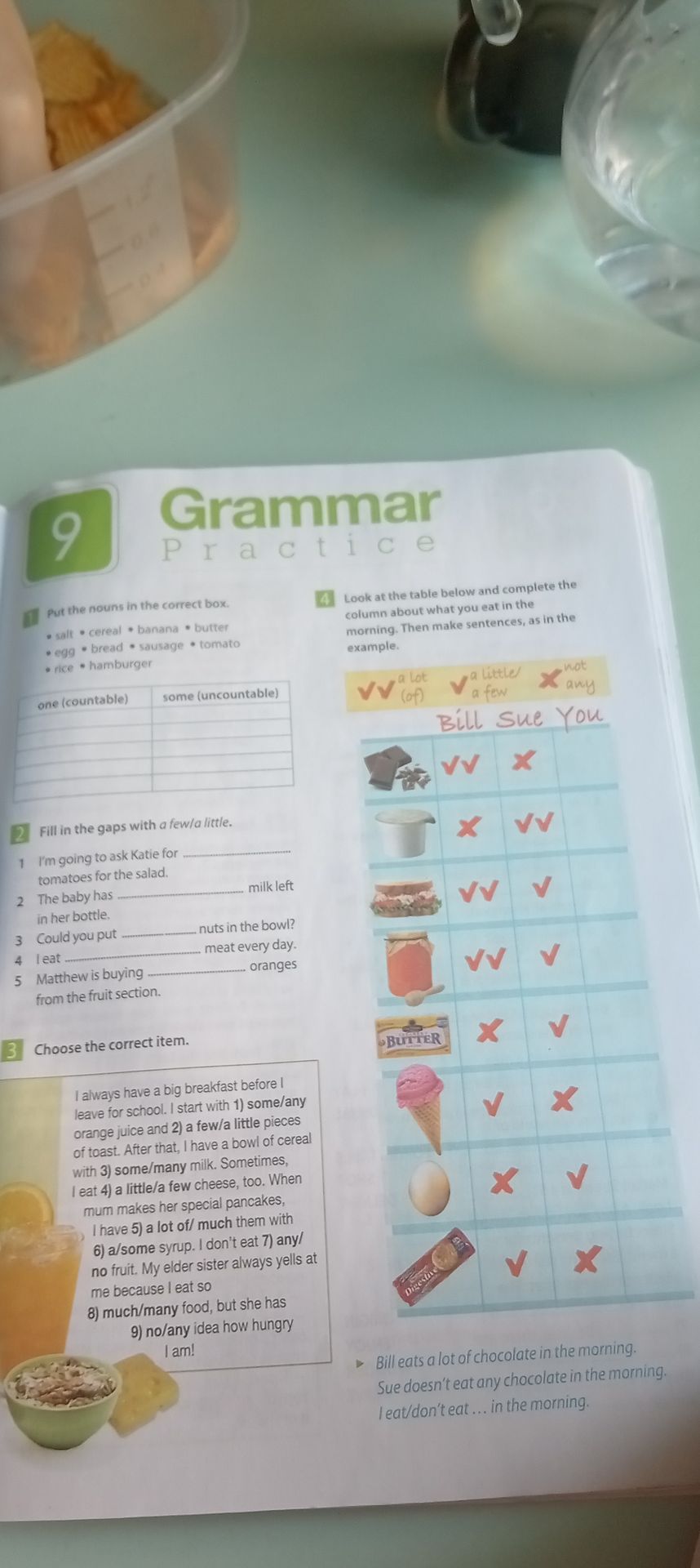 Фото задания: Look at the table below and complete the column about what you eat in the morning. Then make sentences, as in the example.