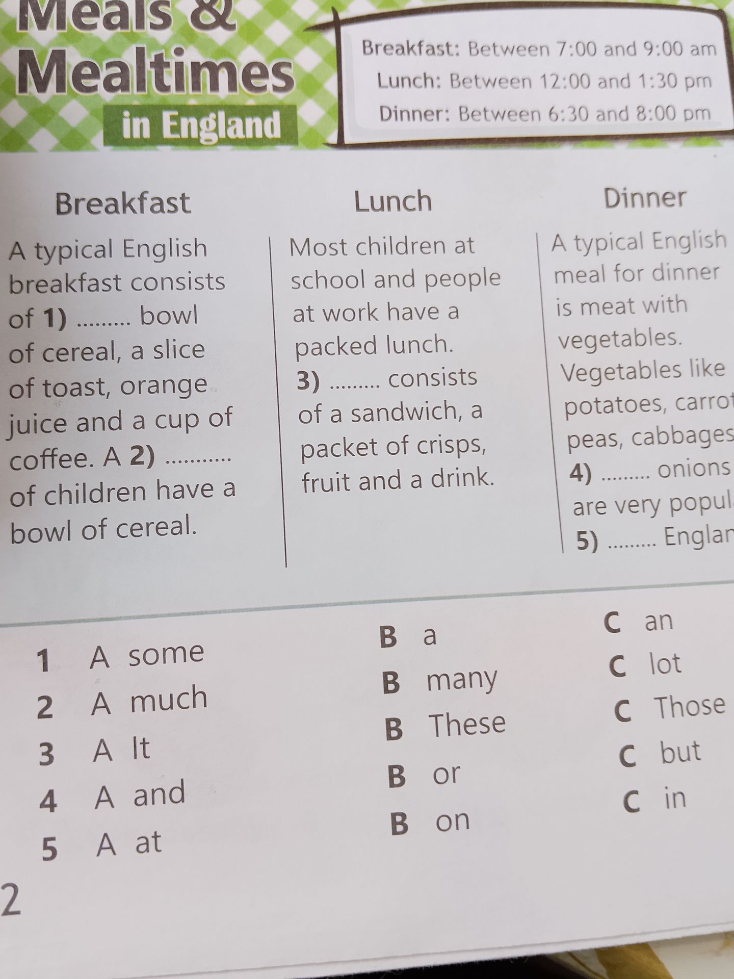 Фото задания: Fill in the gaps with the most suitable words from the box. Breakfast: Between 7:00 and 9:00 am Lunch: Between 12:00 and 1:30…