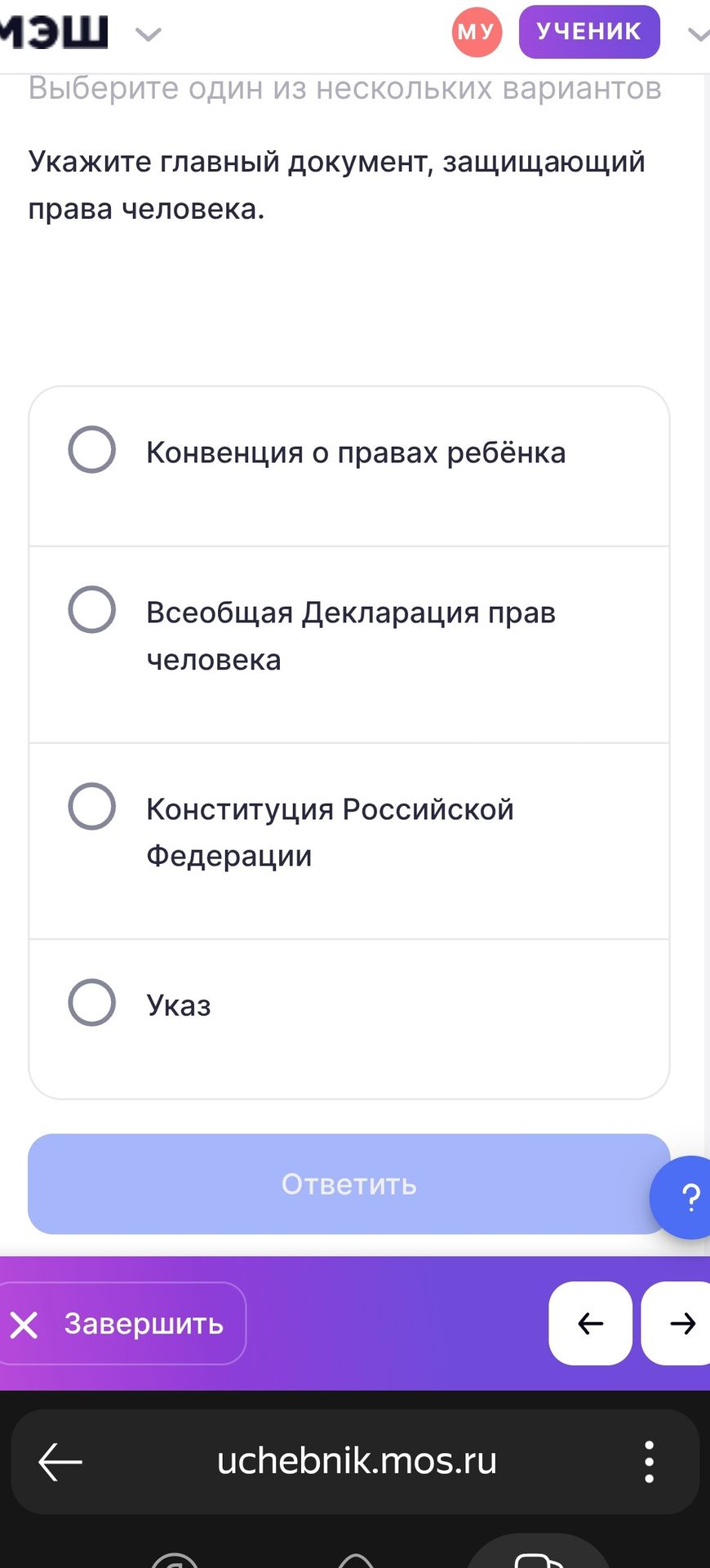 Фото задания: Укажите главный документ, защищающий права человека.