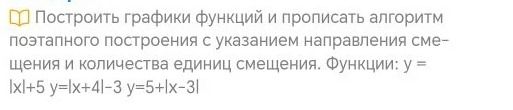 Фото задания: Построить графики функций и прописать алгоритм поэтапного построения с указанием направления смещения и количества единиц…