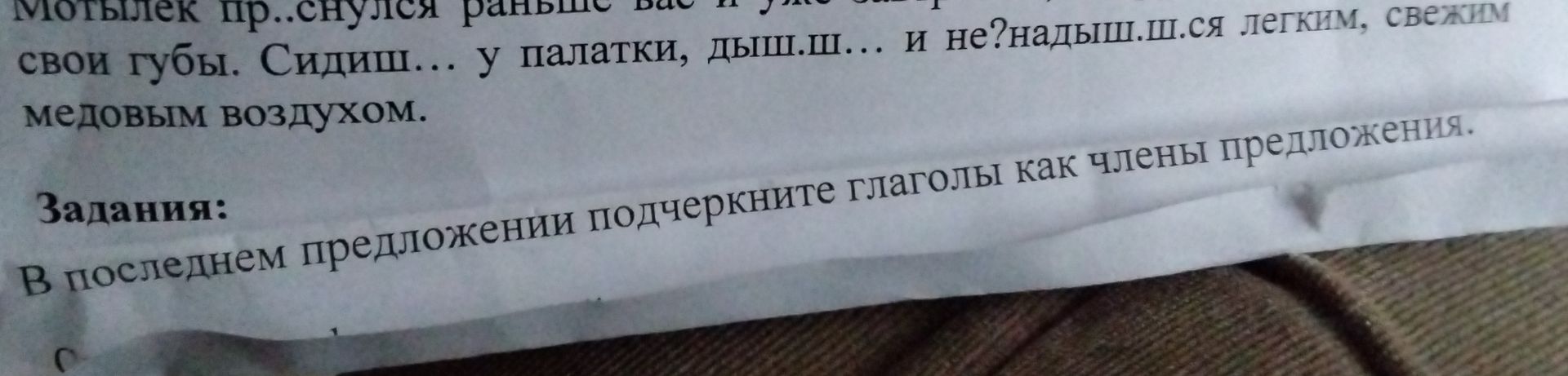 Фото задания: Мотылек пр..снулся свои губы. Сидиш... у палатки, дыш.ш... и не?надыш.ш.ся легким, свежим медовым воздухом. Задания: В…