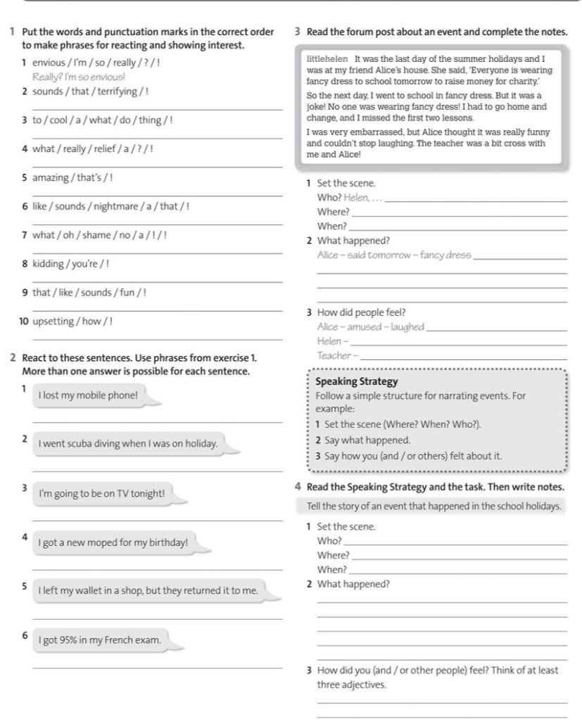 Фото задания: 1 Put the words and punctuation marks in the correct order to make phrases for reacting and showing interest.