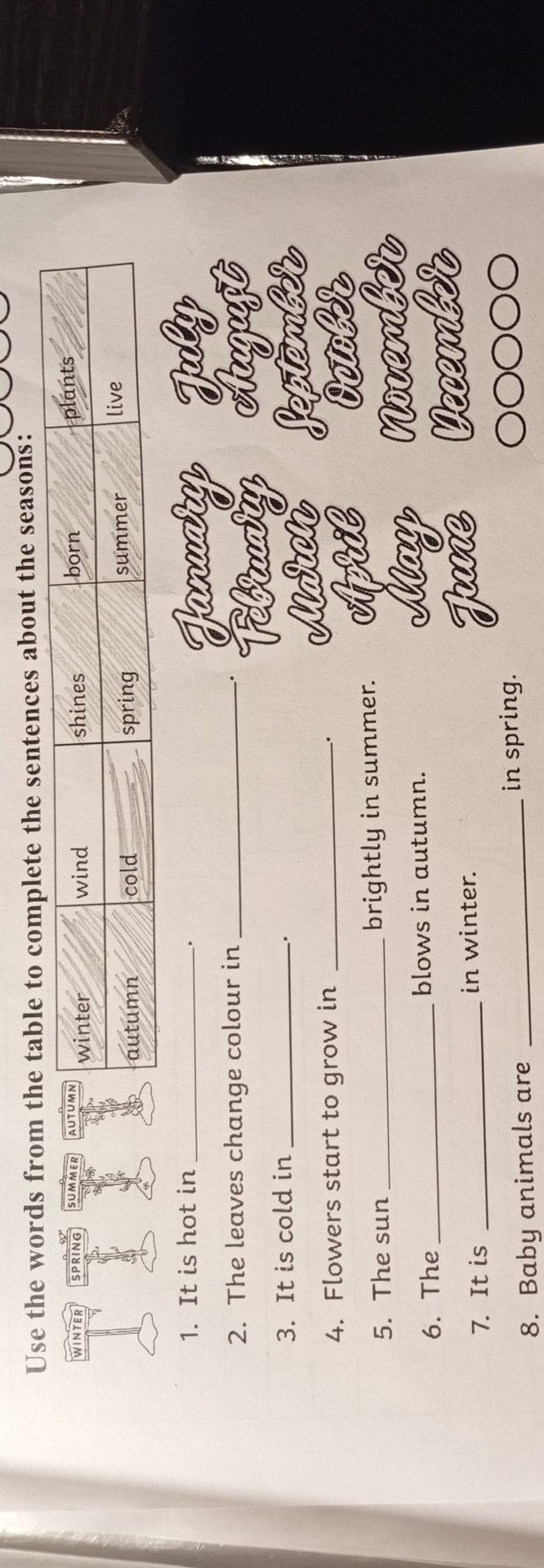 Фото задания: Use the words from the table to complete the sentences about the seasons: