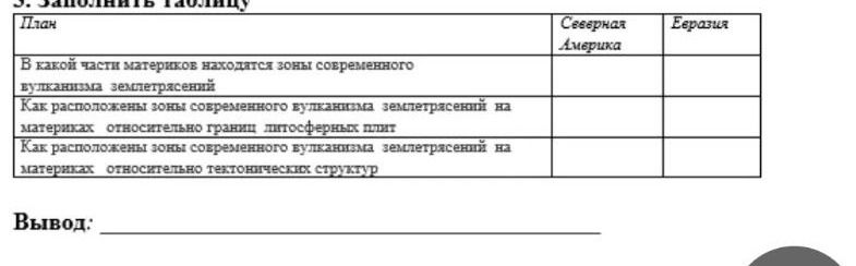 Фото задания: Заполните таблицу: План: В какой части материков находятся зоны современного вулканизма землетрясений; Как расположены зоны…