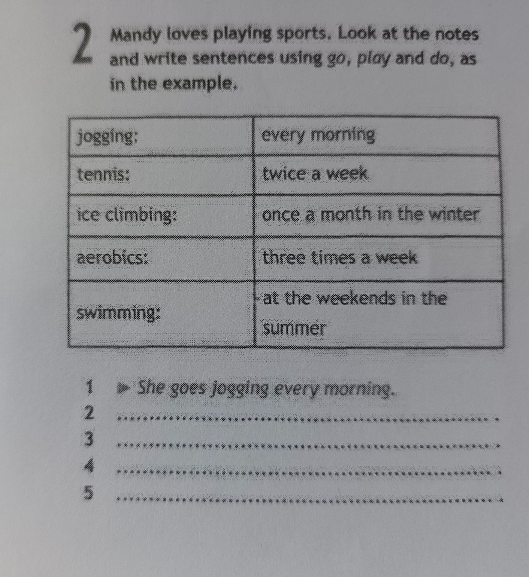 Фото задания: Mandy loves playing sports. Look at the notes and write sentences using go, play and do, as in the example.