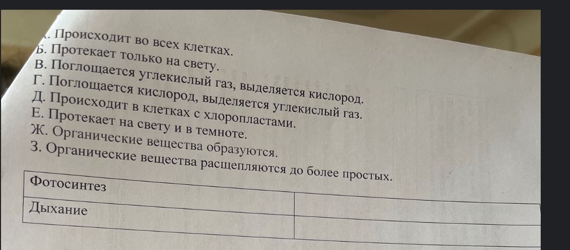 Фото задания: Сравните фотосинтез и дыхание, заполнив таблицу.